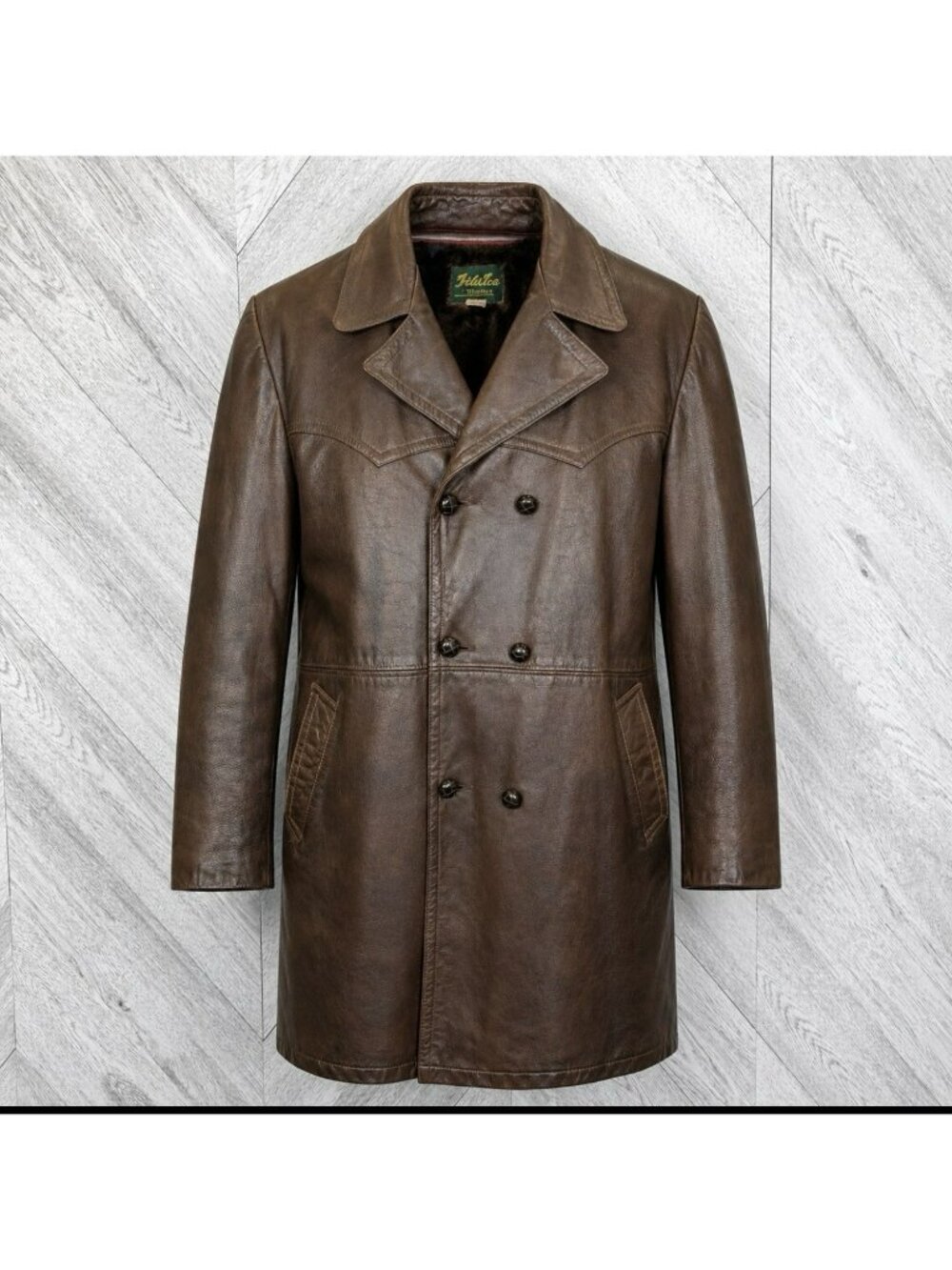 Vintage Mens Large 44 Brown Leather Peacoat Double Breasted Lined Overcoat